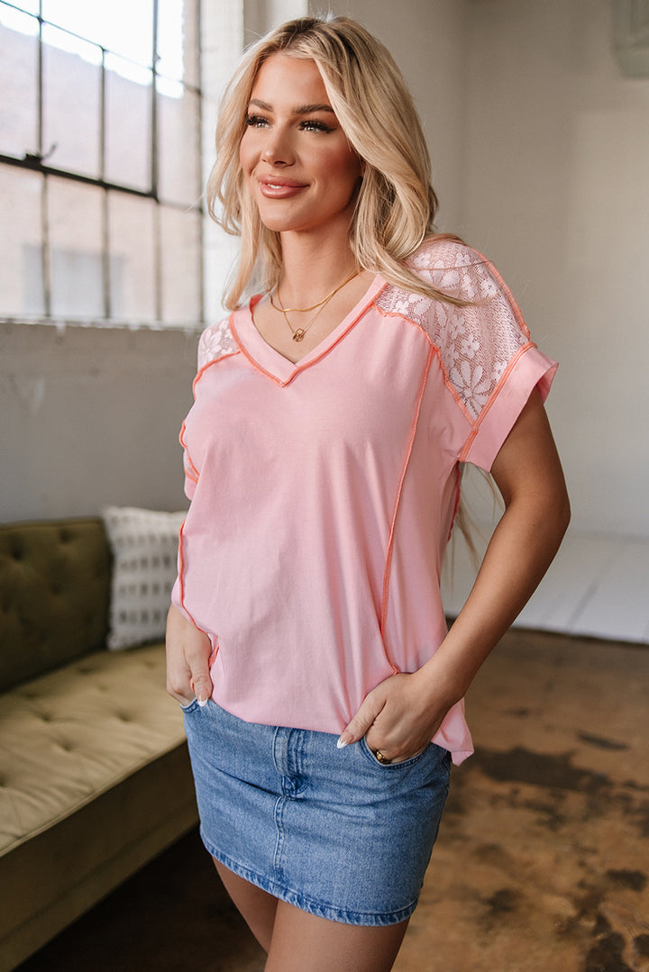 Sugar-Glow Lace-Back V-Neck Tee (Apricot)
