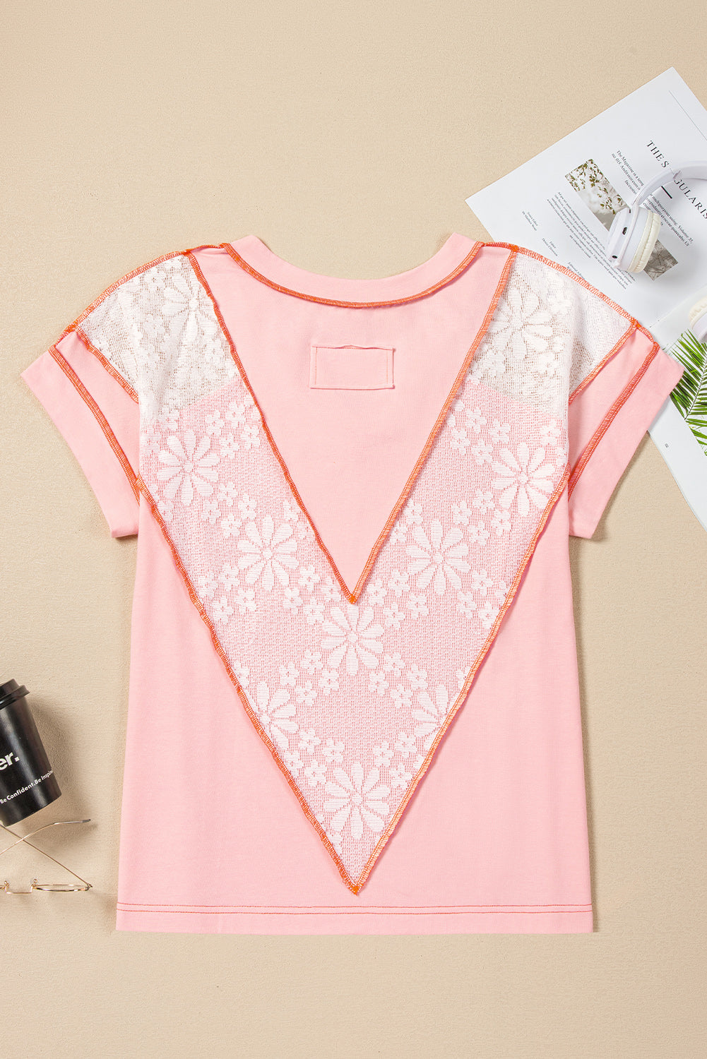 Sugar-Glow Lace-Back V-Neck Tee (Apricot)