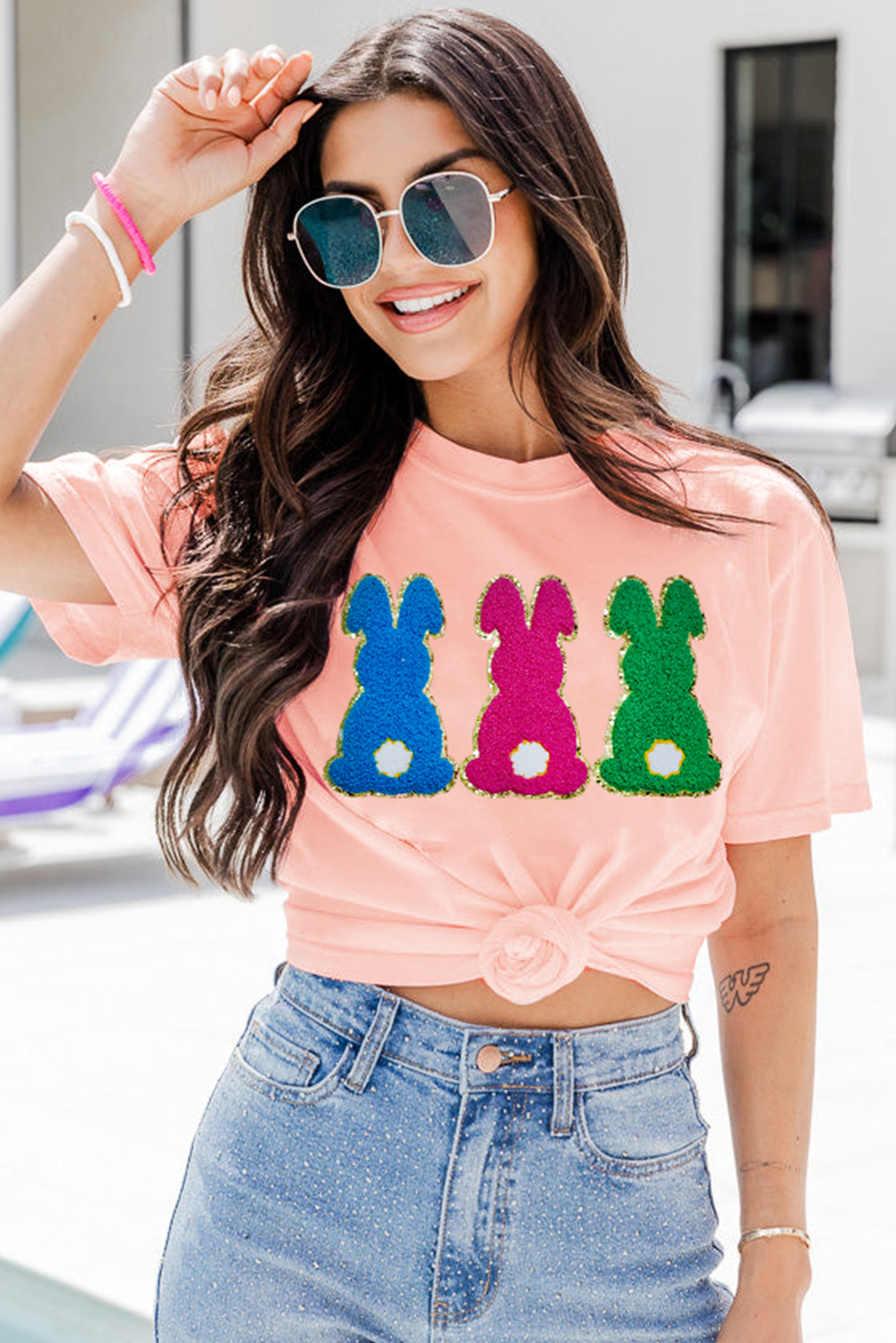 Peachy Pink Easter Bunny Chenille Graphic Tee