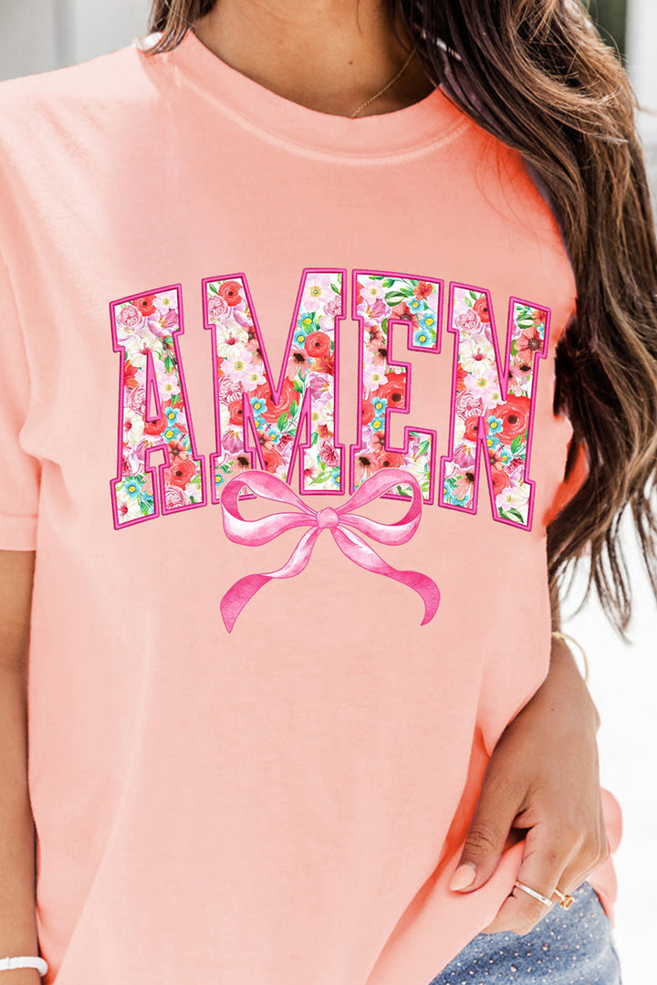 Peach Floral AMEN Bow Graphic Crewneck T Shirt