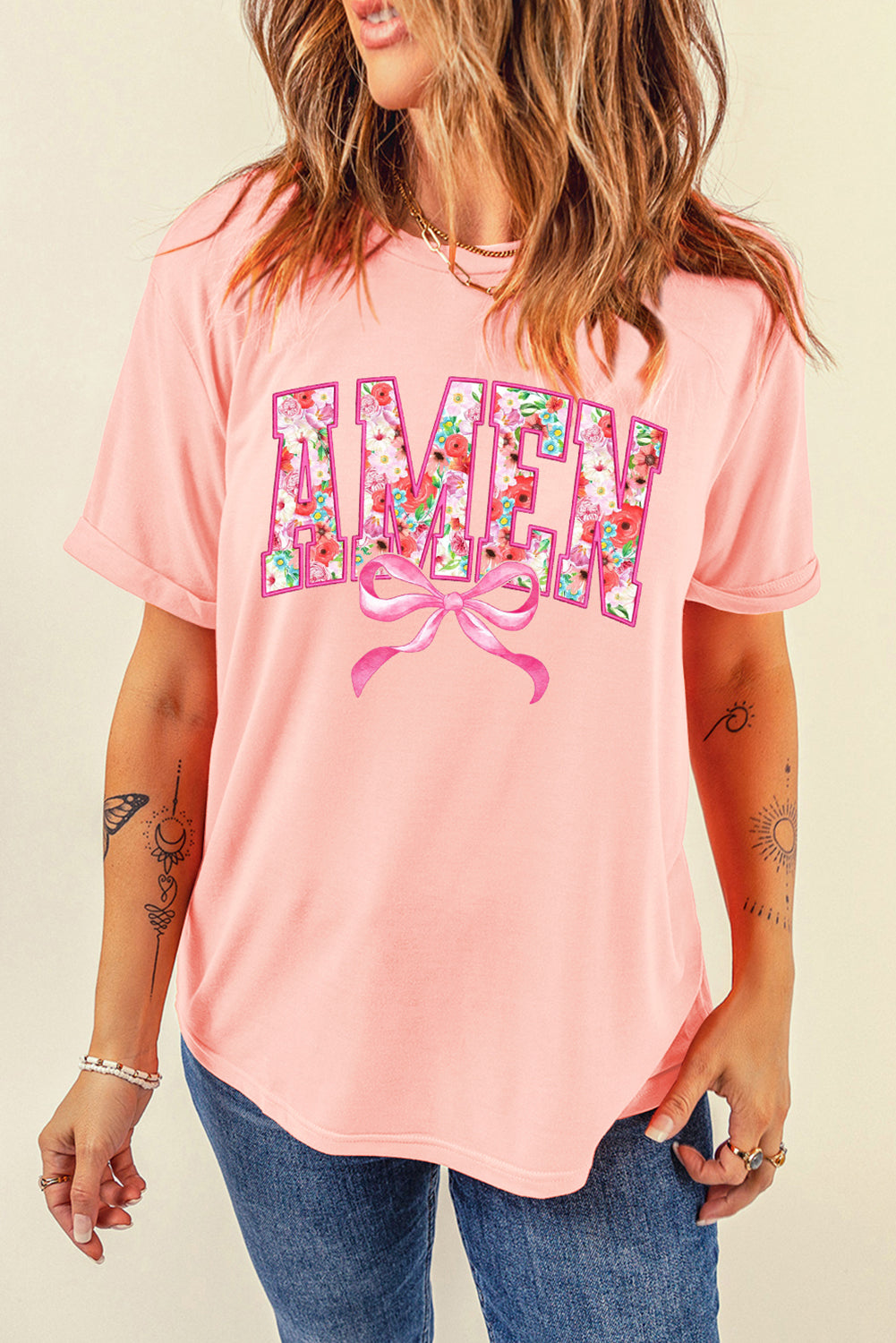 Peach Floral AMEN Bow Graphic Crewneck T Shirt