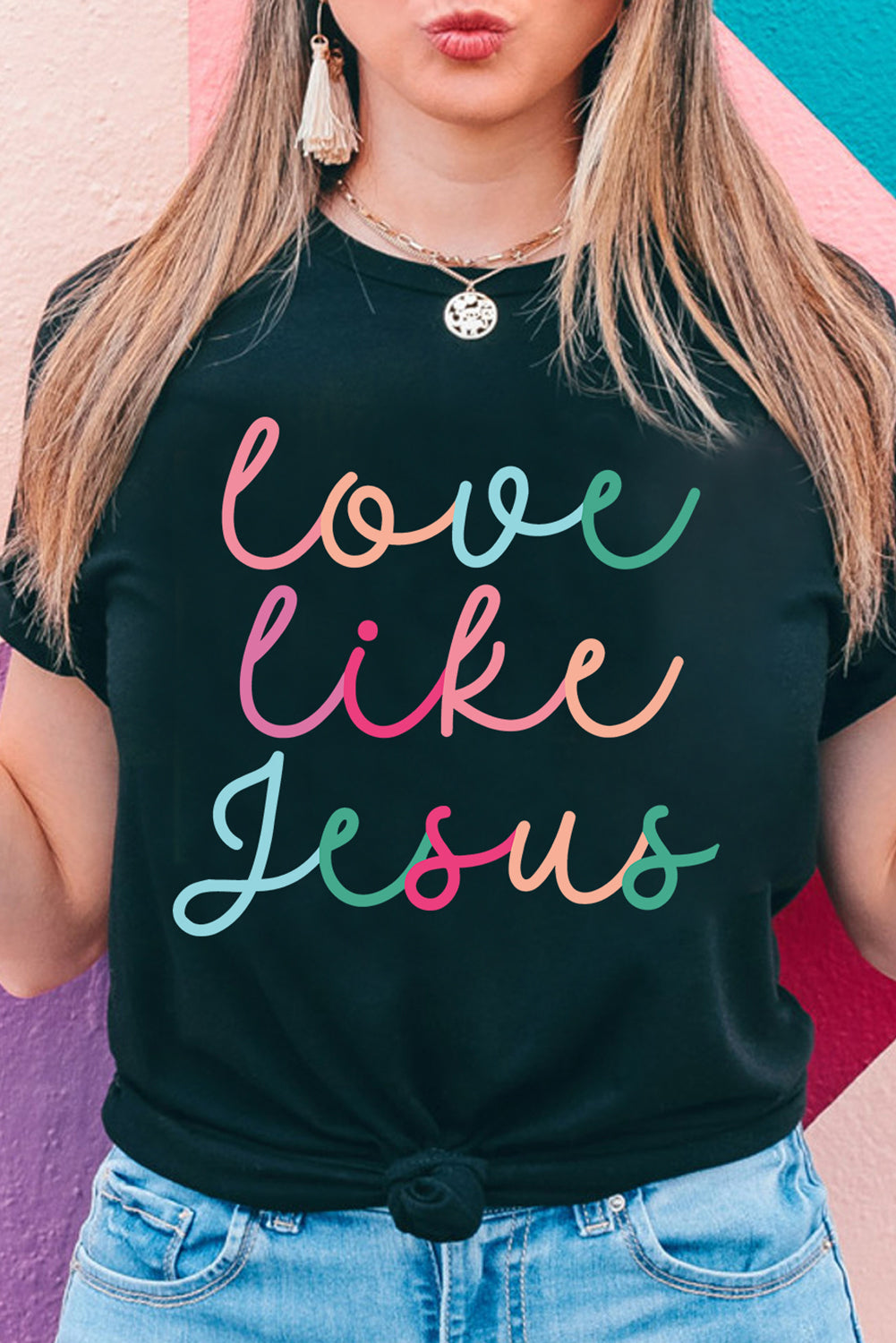 Love Like Jesus Rainbow Script Tee (Black)