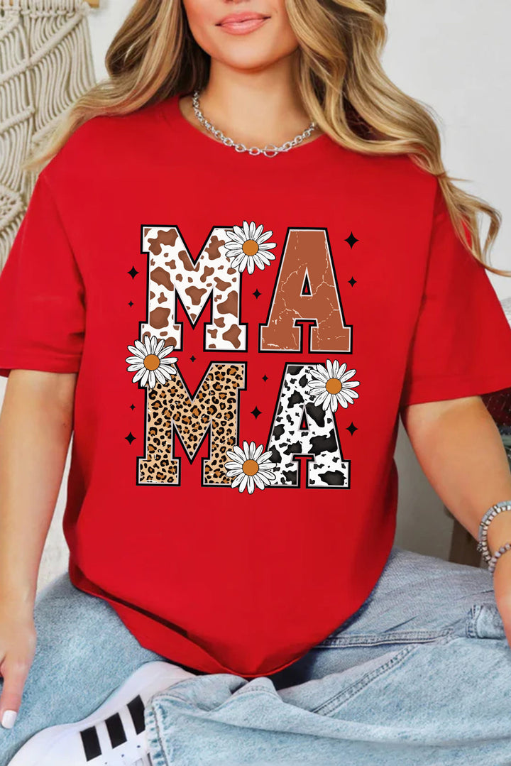 Wildflower MAMA Graphic Tee — Red (Cowprint • Leopard • Daisies)