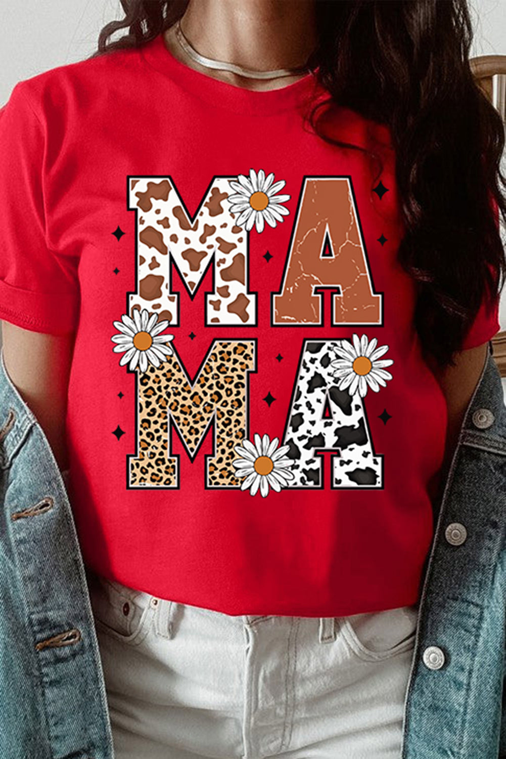 Wildflower MAMA Graphic Tee — Red (Cowprint • Leopard • Daisies)