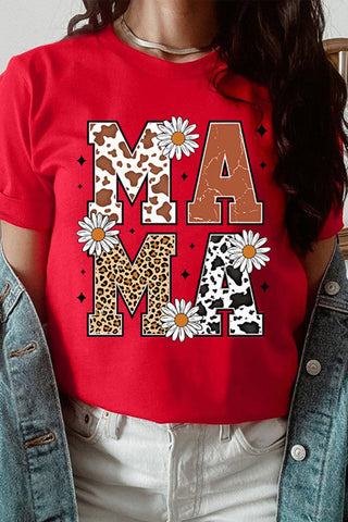 Wildflower MAMA Graphic Tee — Red (Cowprint • Leopard • Daisies)