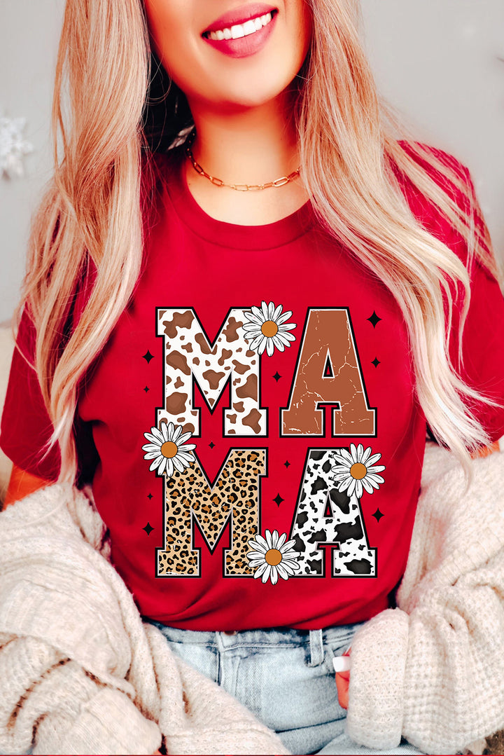 Wildflower MAMA Graphic Tee — Red (Cowprint • Leopard • Daisies)