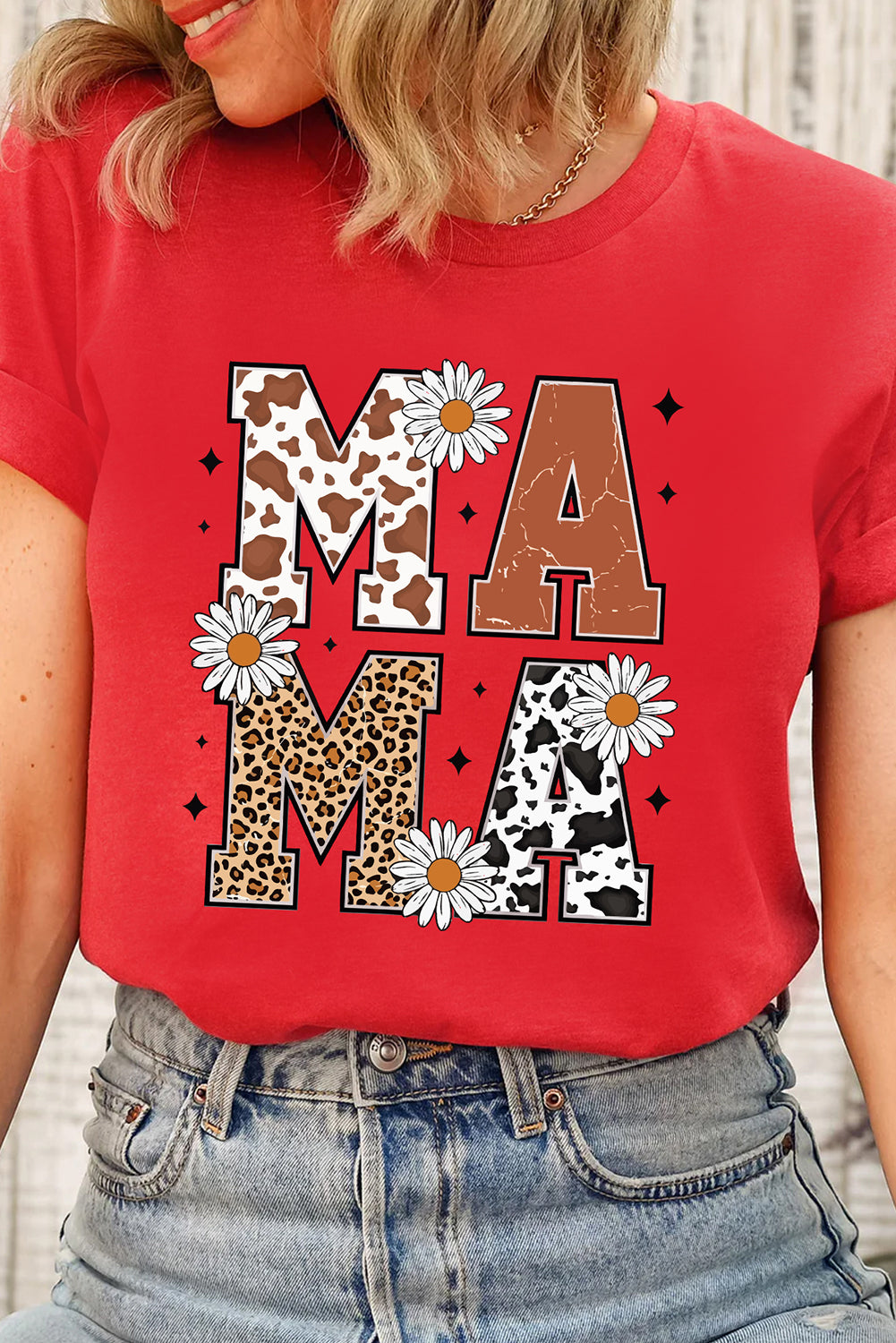 Wildflower MAMA Graphic Tee — Red (Cowprint • Leopard • Daisies)