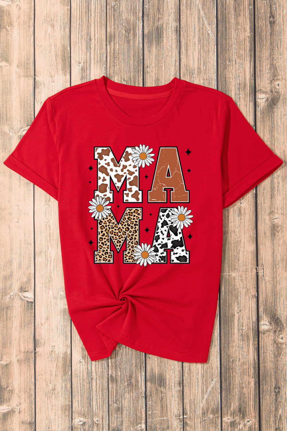 Wildflower MAMA Graphic Tee — Red (Cowprint • Leopard • Daisies)