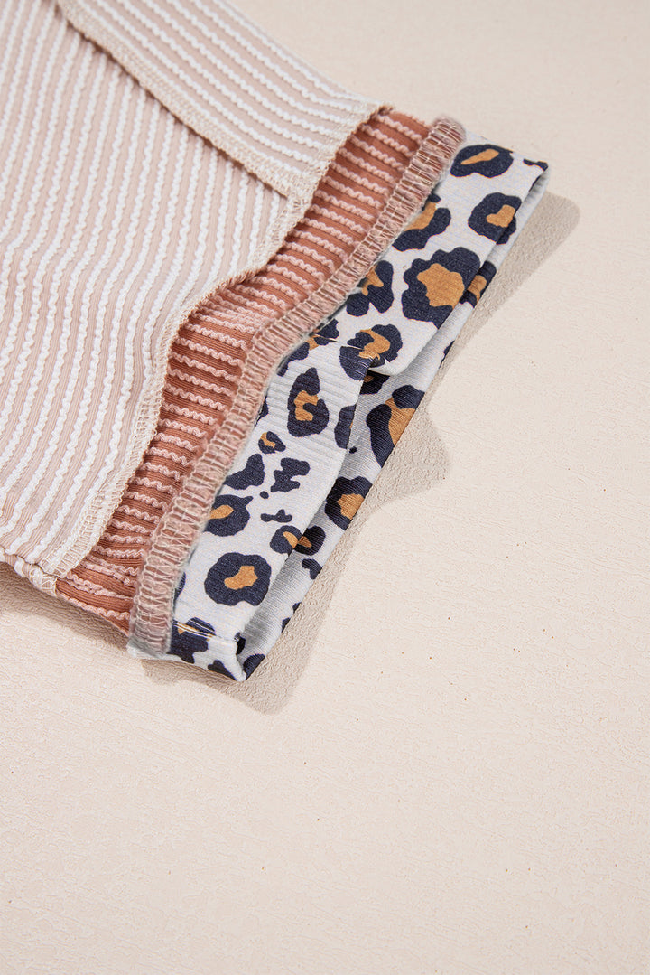 Wild Whisper Rib Tee — Beige Textured with Leopard Trim