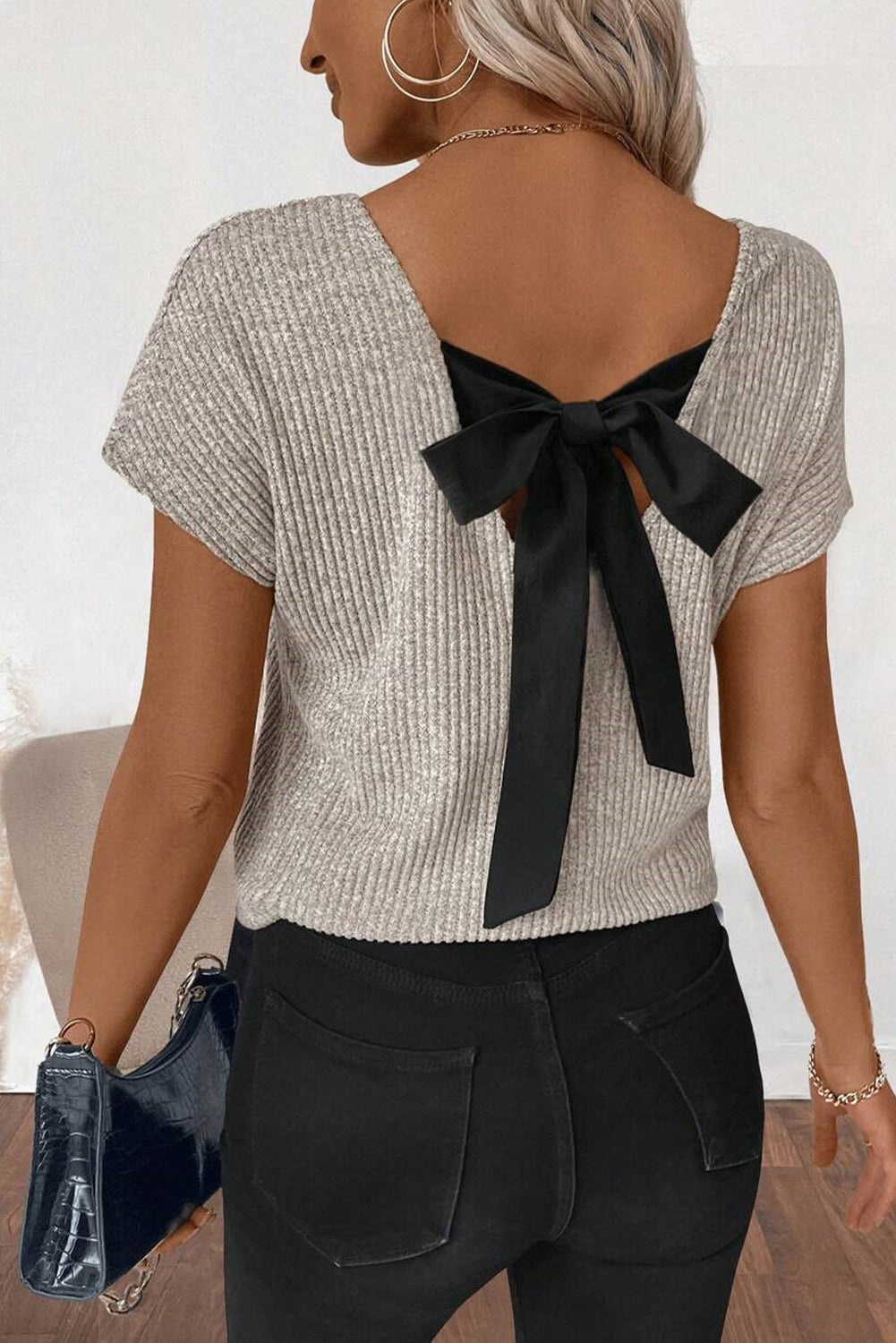 Back to Chic Ribbed Knit Top – Taupe + Black Bow Detail