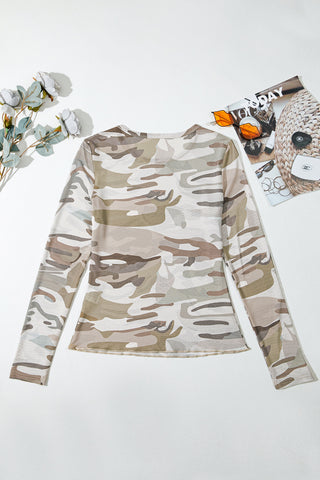 Backroads Camo Sheer Mesh Long Sleeve Top