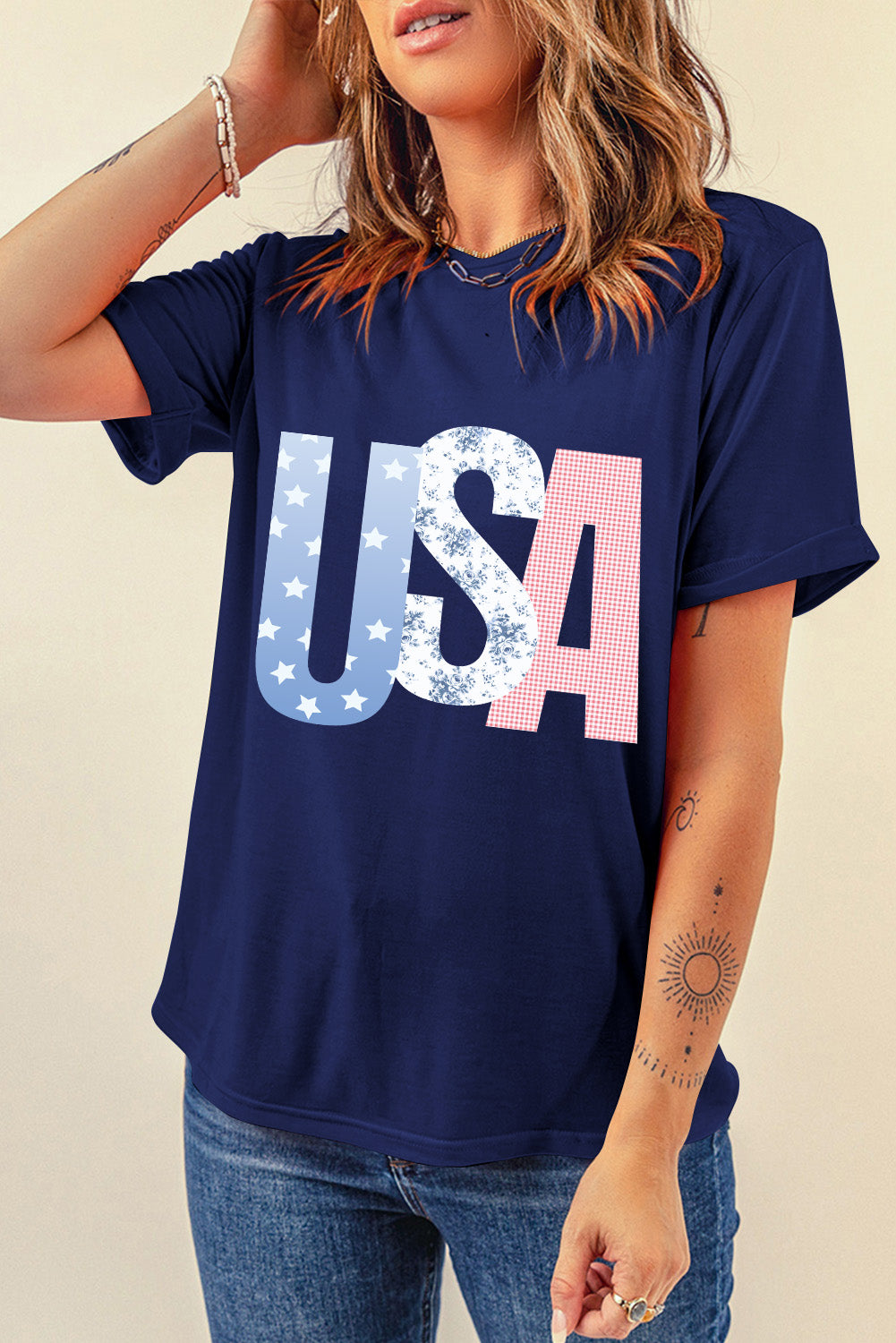 USA Patchwork Letters Navy Graphic Tee — Limited Boutique Drop 🇺🇸✨