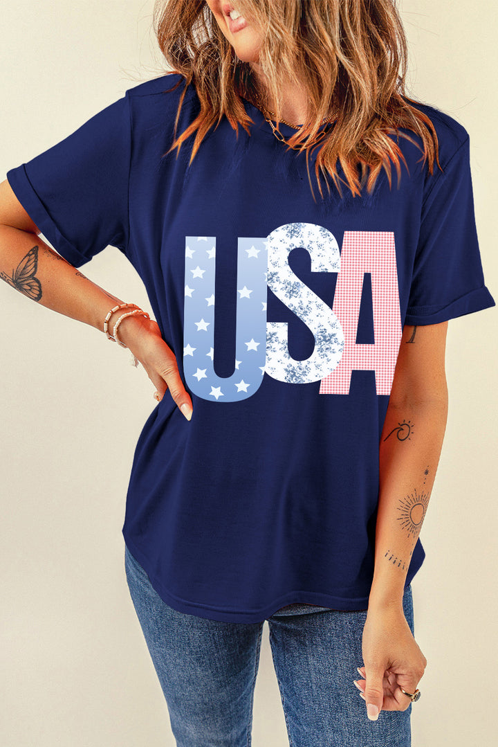 USA Patchwork Letters Navy Graphic Tee — Limited Boutique Drop 🇺🇸✨