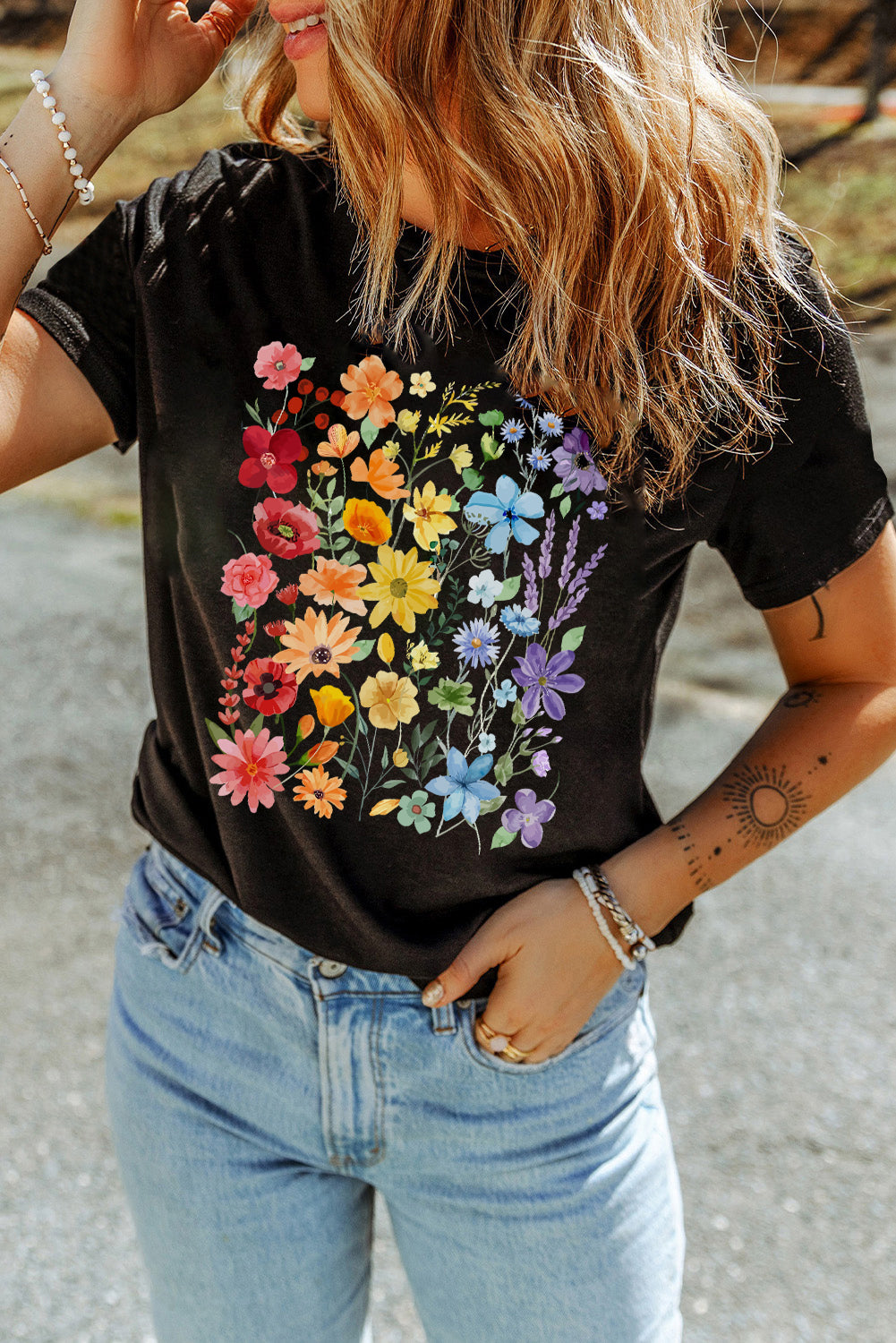 Flower Market Graphic Tee – Black Rainbow Bloom