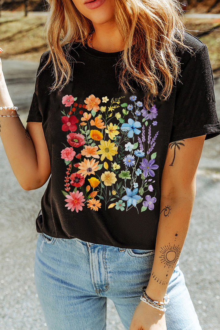 Flower Market Graphic Tee – Black Rainbow Bloom