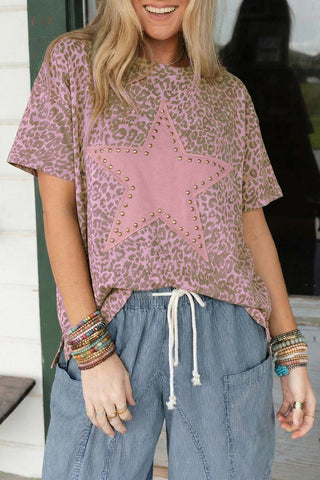 Luke & Estelle Pink Leopard Studded Star Patch Oversized Tee
