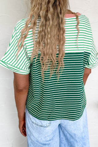 Luke & Estelle Green Stripe Color Block Relaxed Pocket Tee