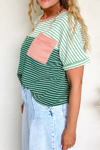 Luke & Estelle Green Stripe Color Block Relaxed Pocket Tee