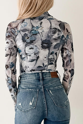 Bluebell Watercolor Floral Mesh High Neck Top