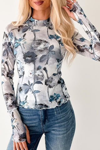 Bluebell Watercolor Floral Mesh High Neck Top