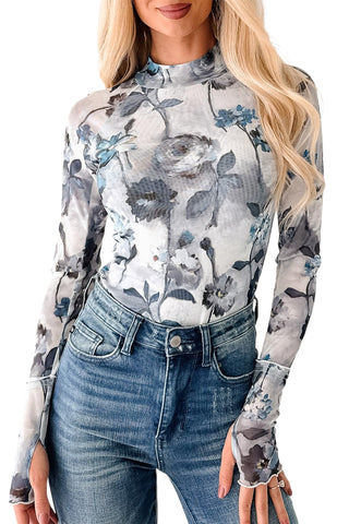 Bluebell Watercolor Floral Mesh High Neck Top