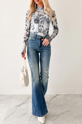 Bluebell Watercolor Floral Mesh High Neck Top