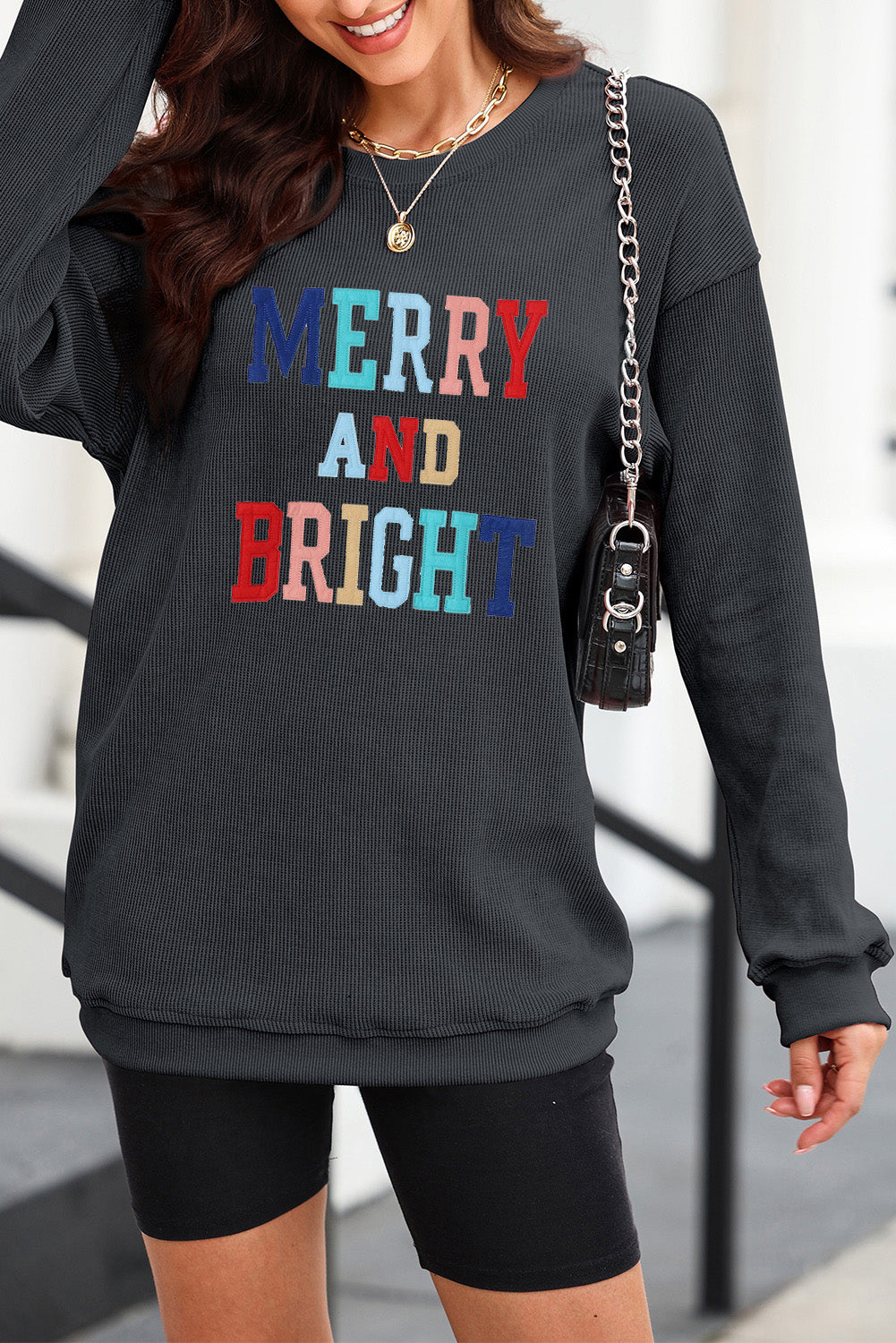 Merry & Bright Corded Sweatshirt – Charcoal