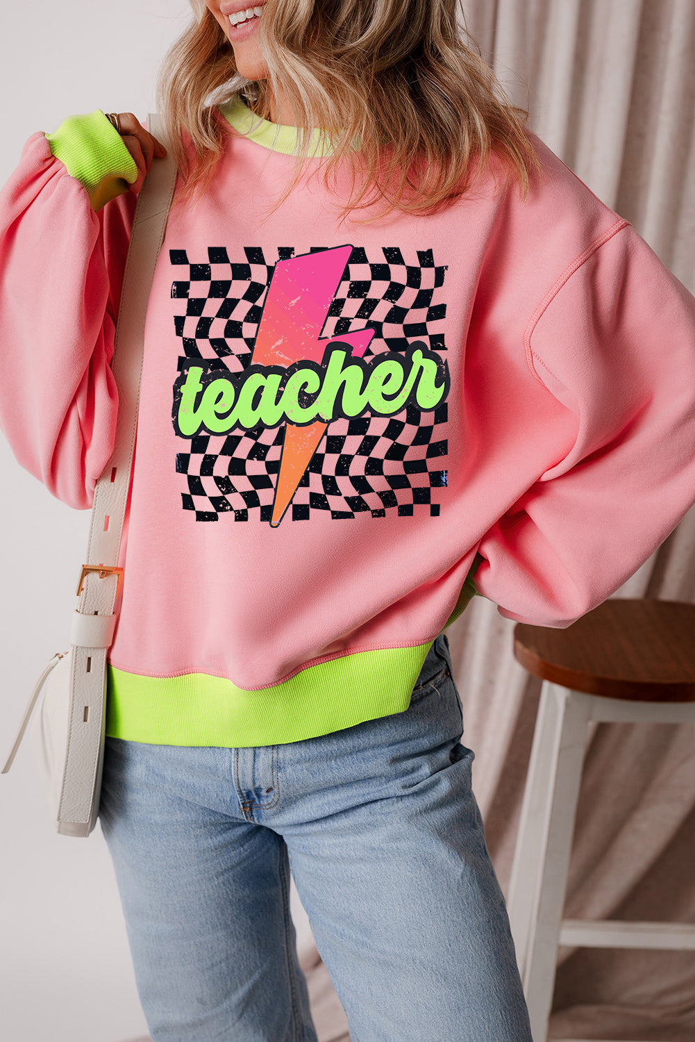 Electric Vibes "Teacher" Graphic Sweatshirt – Neon Pink Pop