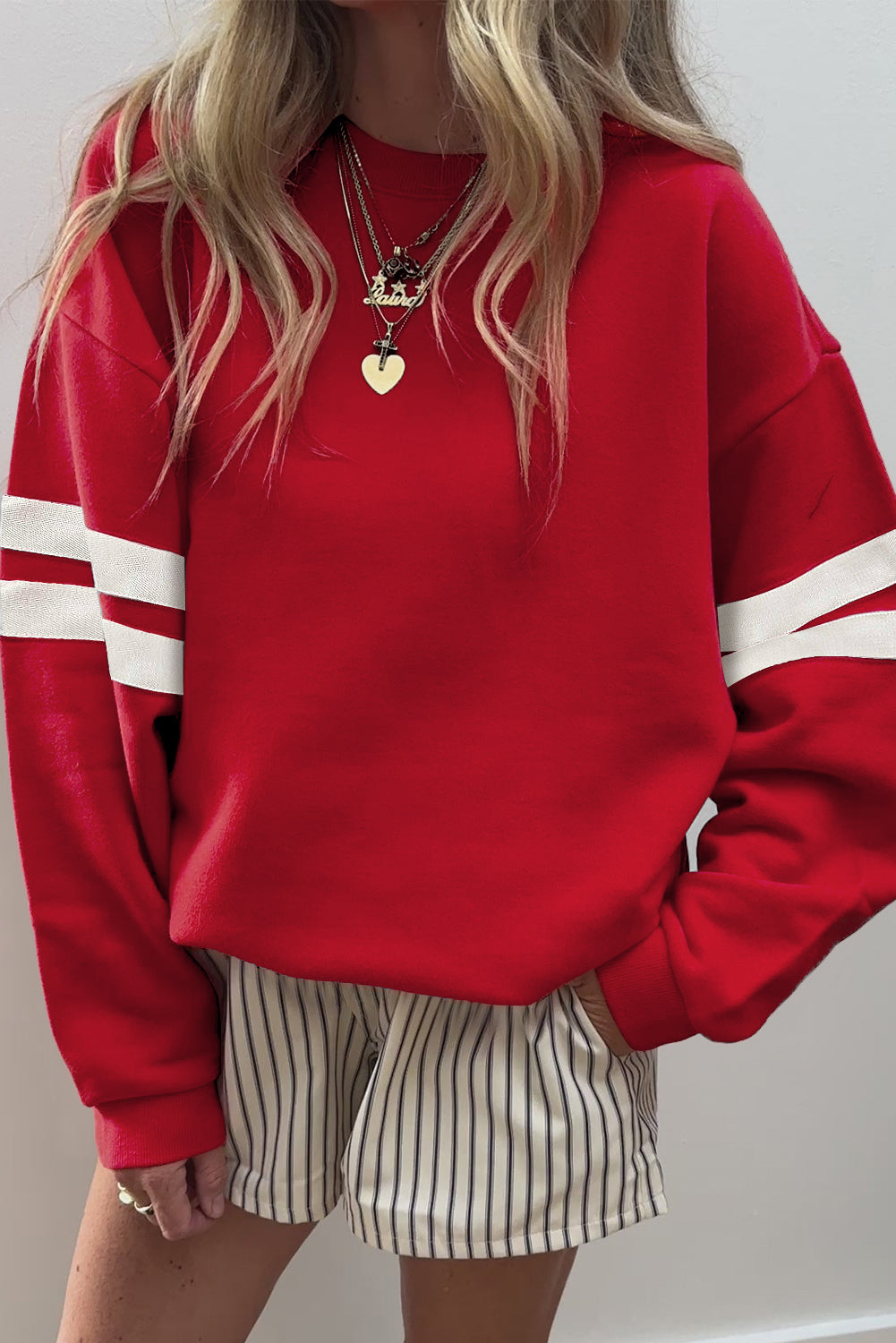 Luke & Estelle “Game On” Varsity Stripe Sweatshirt – Bold Red Essential