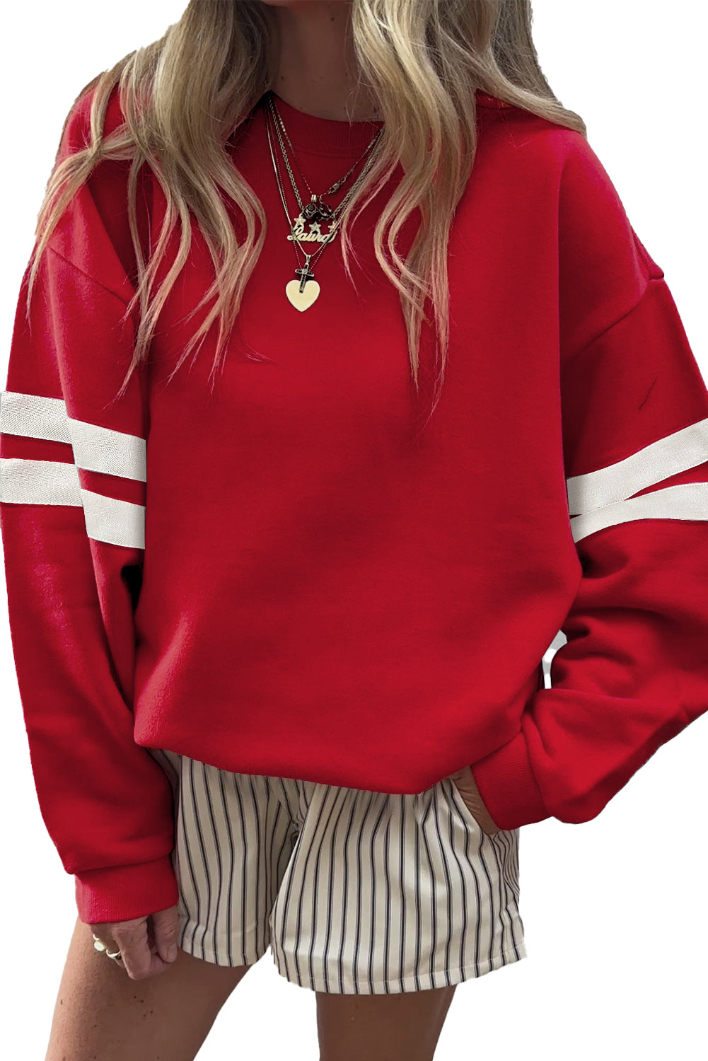 Luke & Estelle “Game On” Varsity Stripe Sweatshirt – Bold Red Essential