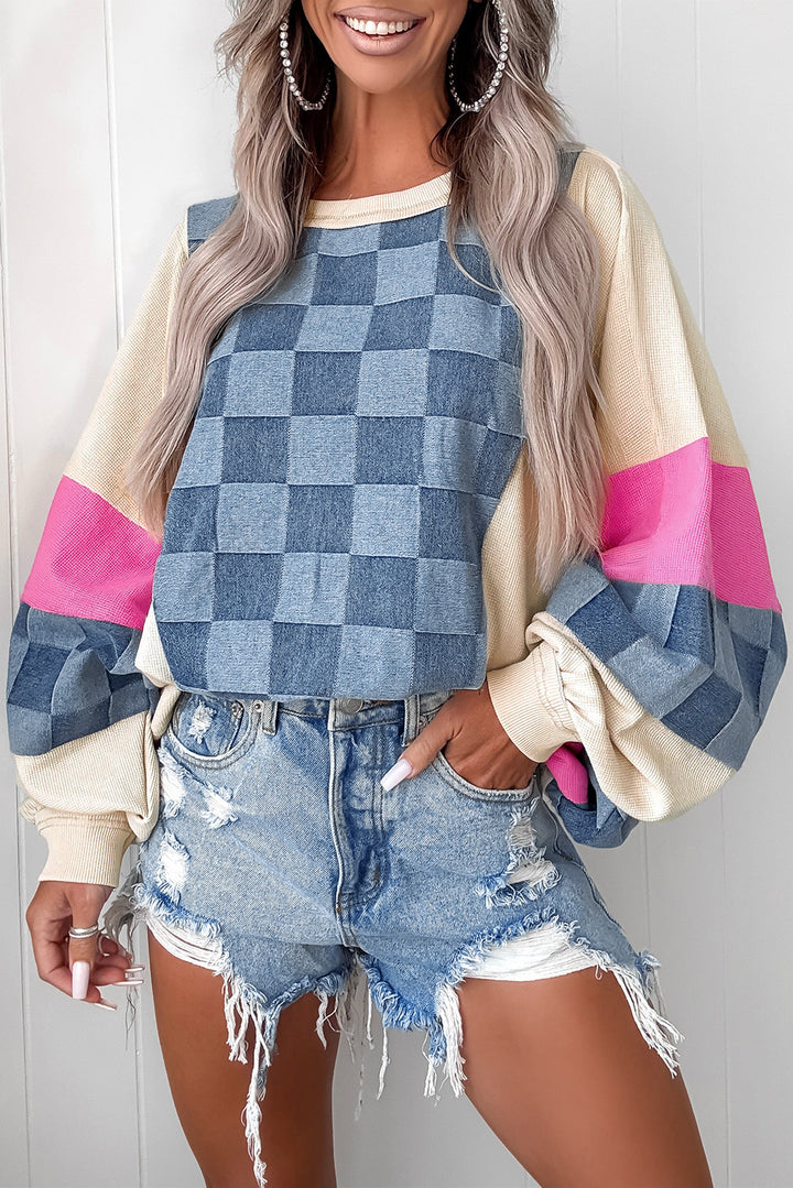 Checkmate Pop Oversize Crew — Denim & Neon