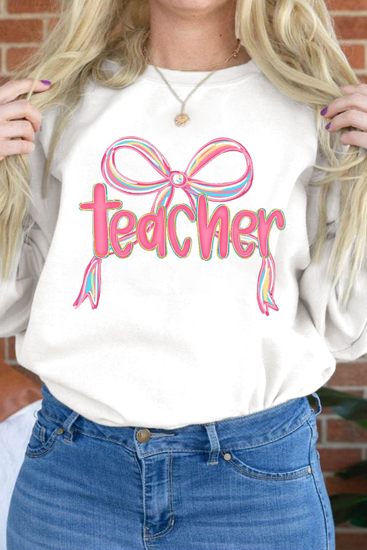 Class Act Bow Teacher Sweatshirt – Pink Rainbow Script