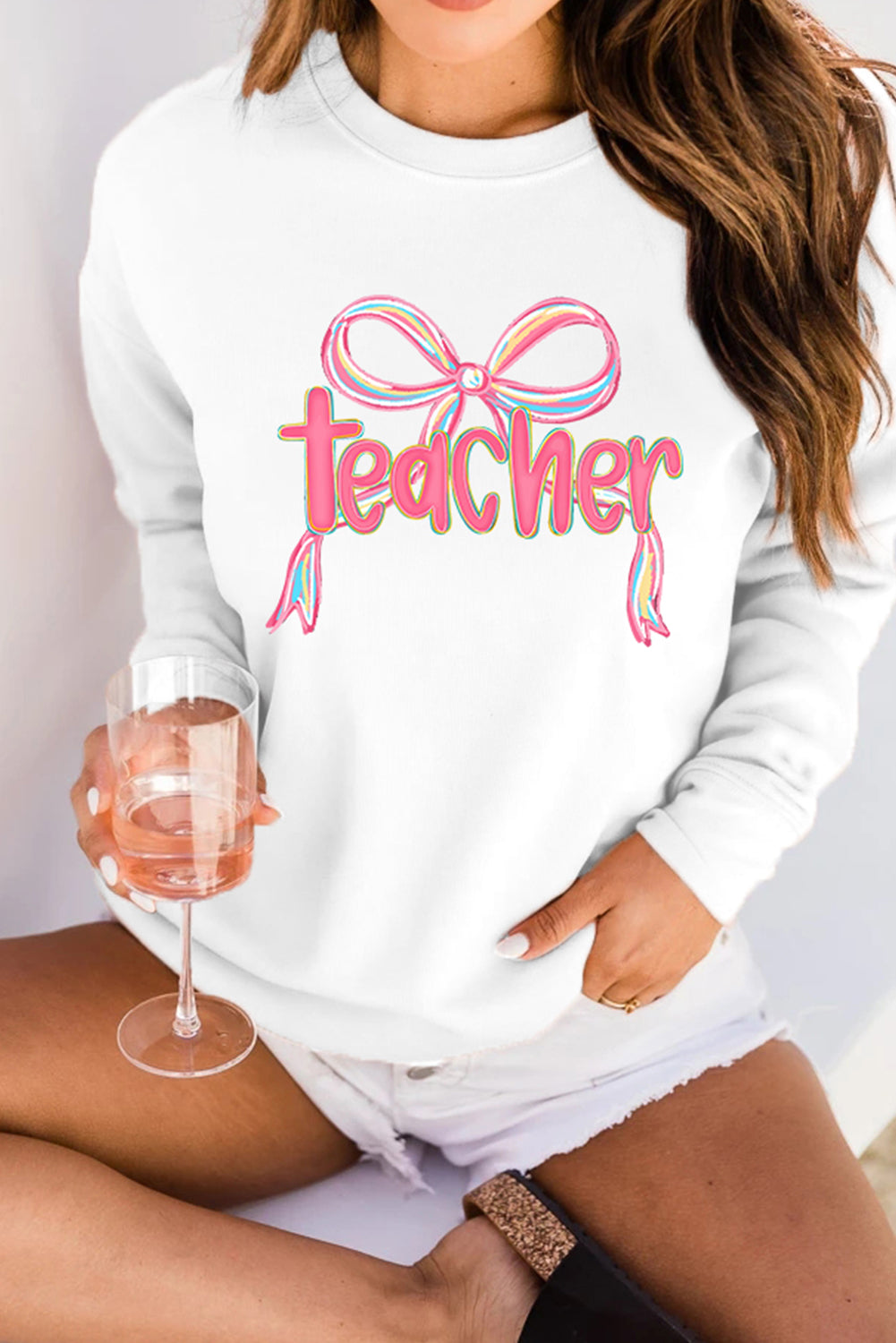 Class Act Bow Teacher Sweatshirt – Pink Rainbow Script