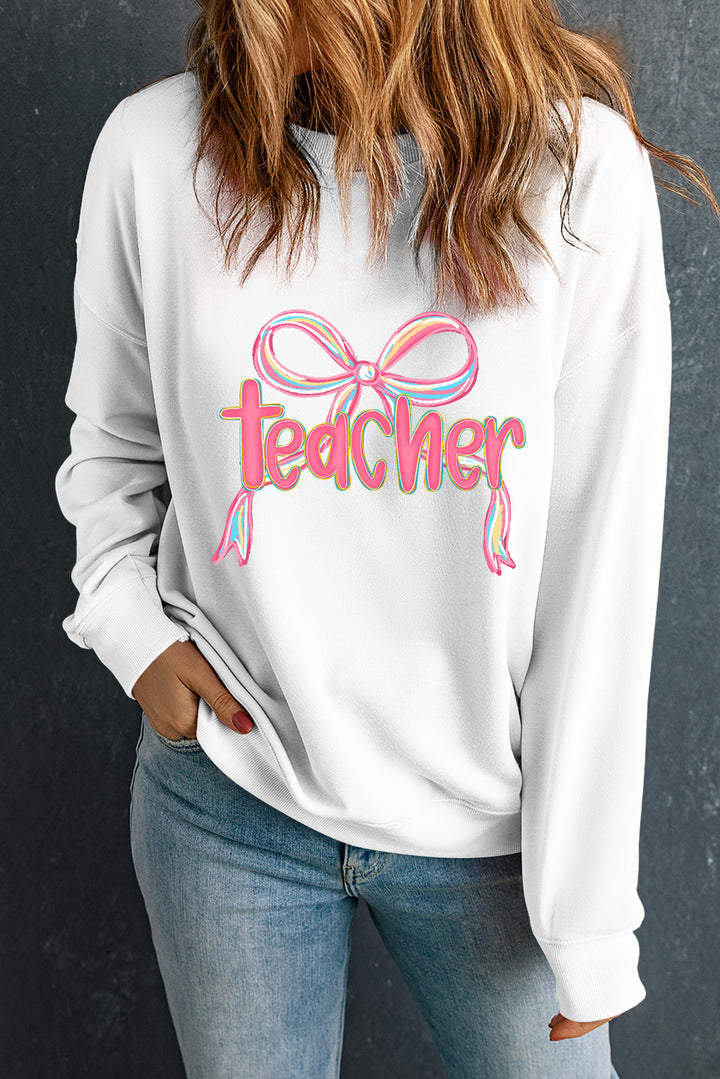 Class Act Bow Teacher Sweatshirt – Pink Rainbow Script