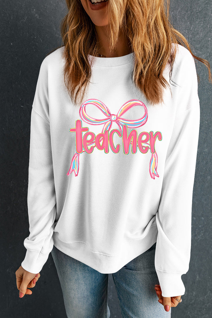 Class Act Bow Teacher Sweatshirt – Pink Rainbow Script