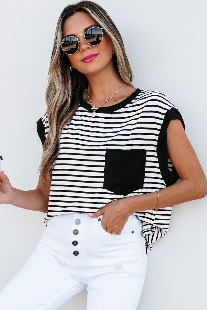 Classic Stripes & Contrast Pocket Tee – Black & White Bold