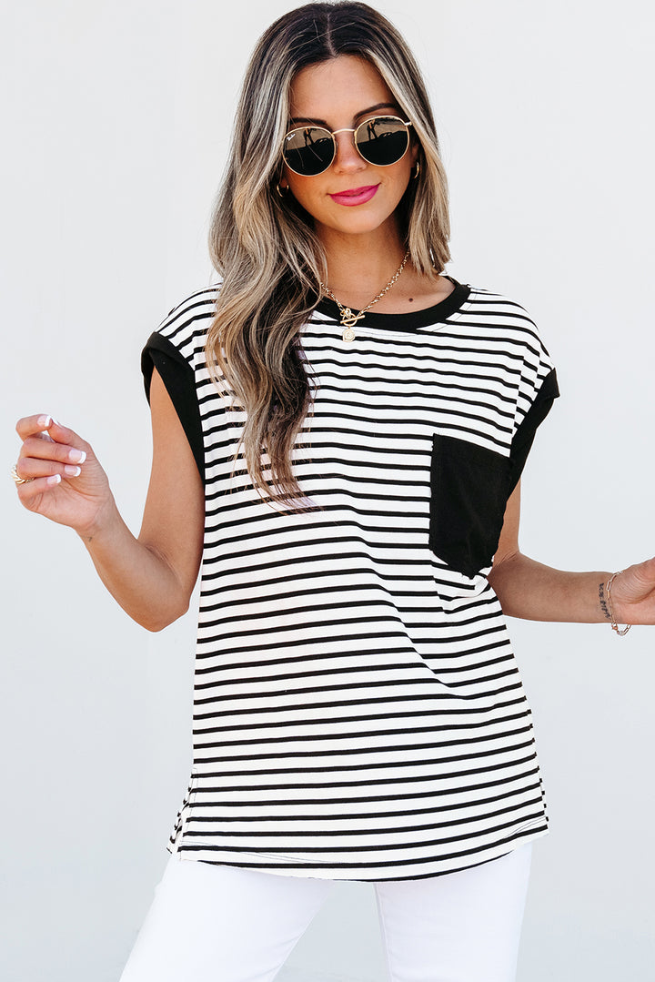 Classic Stripes & Contrast Pocket Tee – Black & White Bold