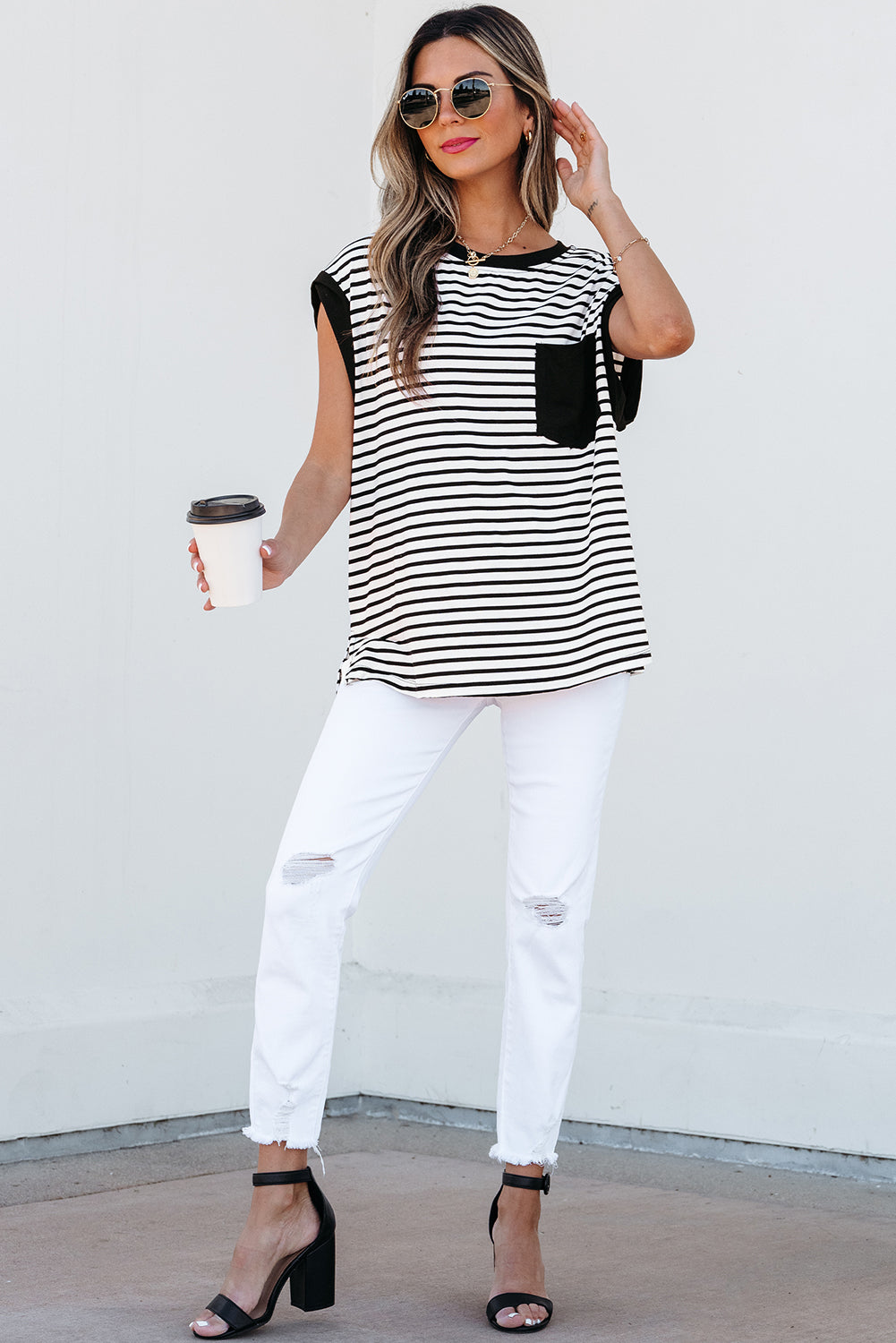 Classic Stripes & Contrast Pocket Tee – Black & White Bold