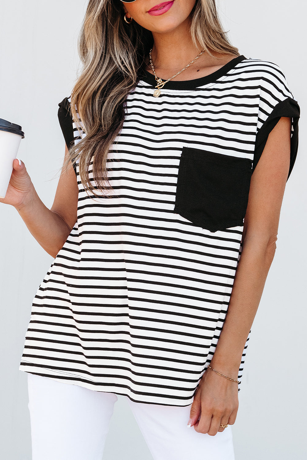 Classic Stripes & Contrast Pocket Tee – Black & White Bold