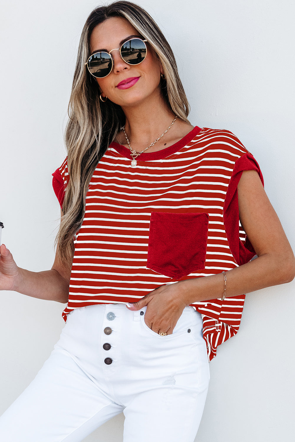 Classic Stripes & Contrast Pocket Tee – Red & White Bold