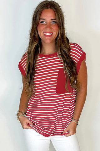 Classic Stripes & Contrast Pocket Tee – Red & White Bold