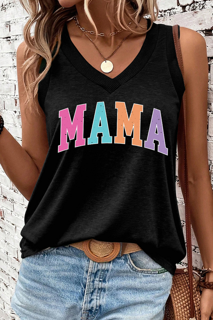 Colorful “MAMA” V-Neck Tank (Black)