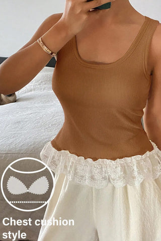 Sweet Lace Hem Ribbed Tank with Built-In Bra