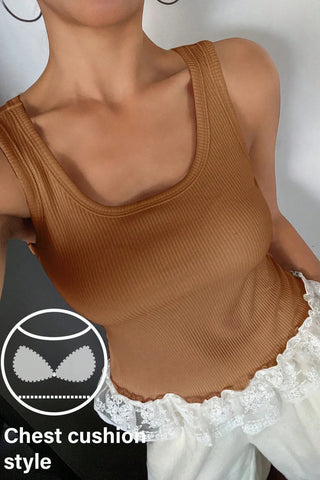 Sweet Lace Hem Ribbed Tank with Built-In Bra