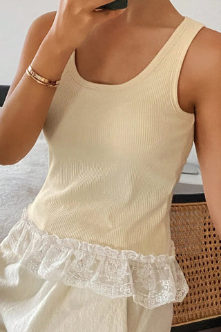 Sweet Lace Hem Ribbed Tank with Built-In Bra
