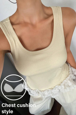 Sweet Lace Hem Ribbed Tank with Built-In Bra