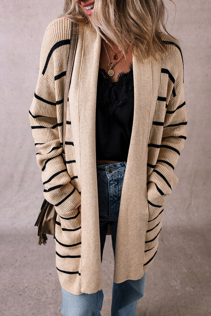 Harbor Stripe Cozy Open-Front Cardigan (Sand & Ink)
