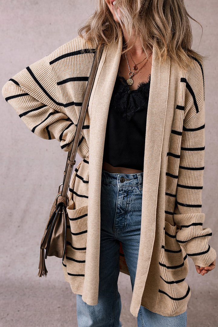 Harbor Stripe Cozy Open-Front Cardigan (Sand & Ink)