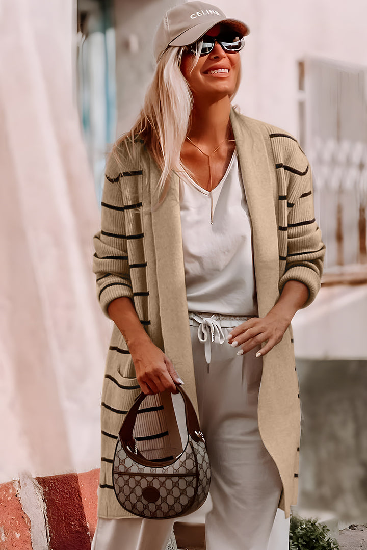 Harbor Stripe Cozy Open-Front Cardigan (Sand & Ink)