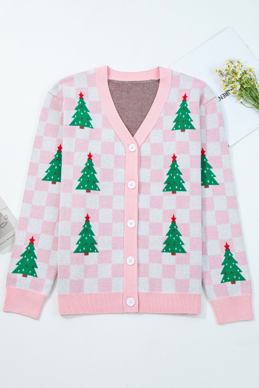 🎄🎅🏻Luke & Estelle “Candy Cane Dreams Checkered Christmas Cardigan” – Pink & White (OR) Red & White